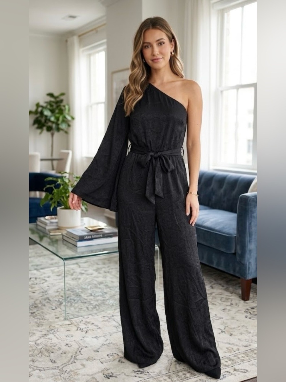 La charme u One-Shoulder Black Wide-Leg Jumpsuit with Self Tie size s